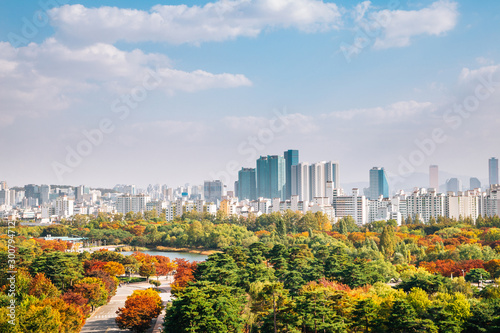 Pyeonghwa park and Seoul city panorama view from Sky park at autumn in Seoul, Korea