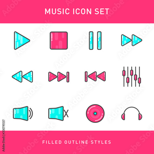 Music button icon sets  filled outline styles. suitable for music player applications, video players and mobile applications.