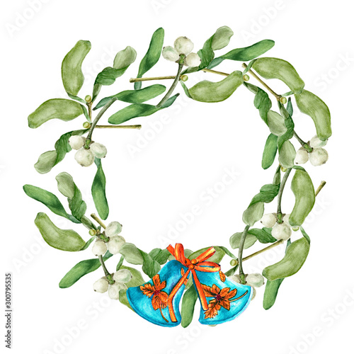 Christmas wreath with Omela, Holly, Mistletoe or Viscum and bells. Hand-drawn watercolor botanical illustration. Realistic isolated object on a white background for your design