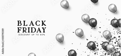 Black Friday Sale. Festive background with helium balloons. Backdrop falling realistic ballon black and silver color. Sale Discount Poster, web banner. vector illustration
