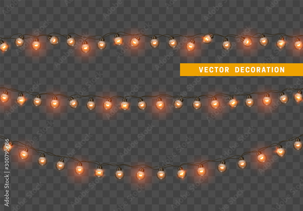 Christmas lights. Design element, decorations new year glowing lights. Decorative Xmas realistic objects. Holiday decor set of garlands. Isolated on transparent background. vector illustration - obrazy, fototapety, plakaty 
