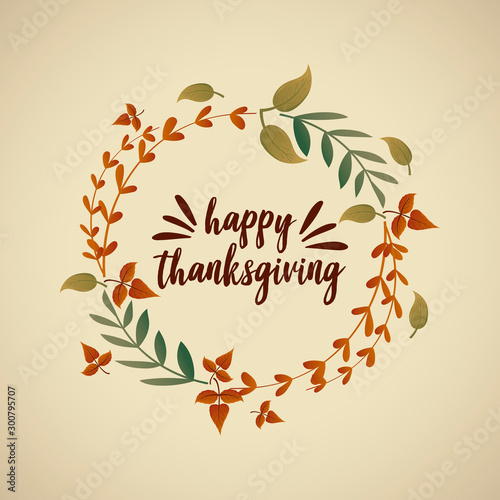 card with label happy thanksgiving and autumn leaves