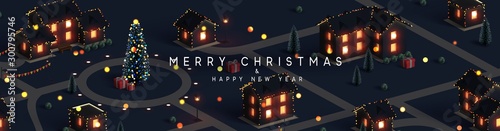 Christmas night city. Winter Xmas village landscape, cottage town and country, Decorated with New Year garland, blur lights bokeh. Festive banner, web poster, greeting card, cover. Vector illustration