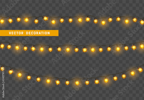 Christmas lights. Design element, decorations new year glowing light. Decorative Xmas realistic objects. Holiday decor set of garlands. Isolated on transparent background. vector illustration