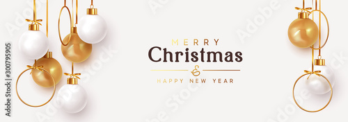 Christmas banner. Hanging white and gold Xmas decorative bauble, 3d golden metallic ball on the ribbon. Festive realistic decor. Horizontal Christmas poster, header website. vector illustration