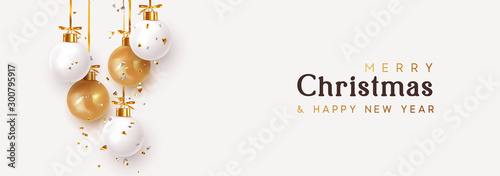 Christmas banner. Hanging white and gold Xmas decorative bauble, 3d golden metallic ball on the ribbon. Festive realistic decor. Horizontal Christmas poster, header website. vector illustration