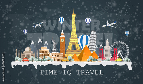Winter travel to World. Christmas holidays. Road trip. Big set of famous landmarks of the world. Time to travel, tourism, summer holiday. Different types of journey. Flat design vector illustration