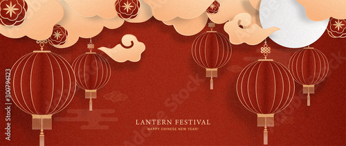 Lantern Festival and Happy Chinese New Year with red lanterns and clouds on red Chinese pattern background. Paper cut style. Vector illustration.