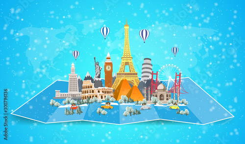 Winter travel to World. Christmas holidays. Road trip. Big set of famous landmarks of the world. Time to travel, tourism, summer holiday. Different types of journey. Flat design vector illustration