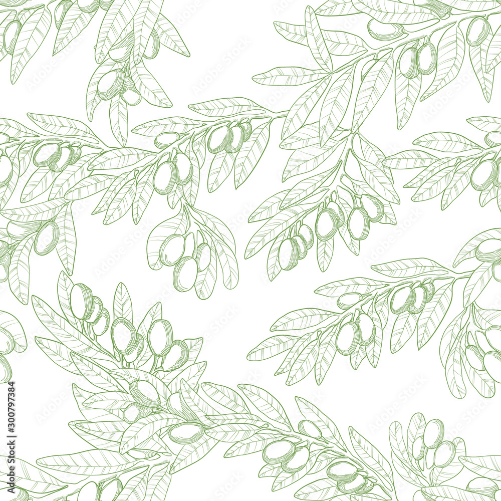 Fototapeta premium Vector seamless pattern in outline with green olive brunches. Linocut olive repeated background. Hand drawn illustration backdrop. Organic sketches elements.