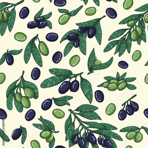 Vector Seamless pattern with black and green olives, branches and leaves. Hand drawn linocut ecologic elements on begie background. Design for labels, wrappers, textiles, web design.
