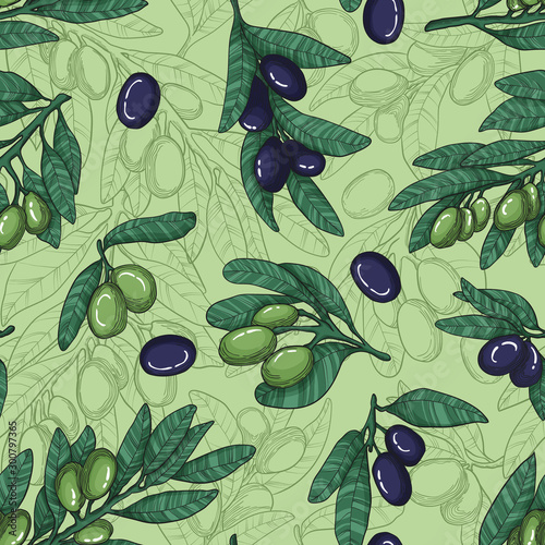 Vector Seamless pattern with black and green olives and outline olive branch, branches and leaves. Hand drawn linocut ecologic elements on green background. Design for labels, wrappers or textiles