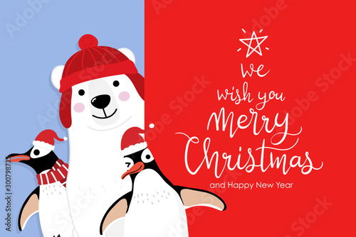 Merry Christmas greeting card with cute polar bear and penguins with red scarf. Arctic animal in winter costume cartoon character vector. 
