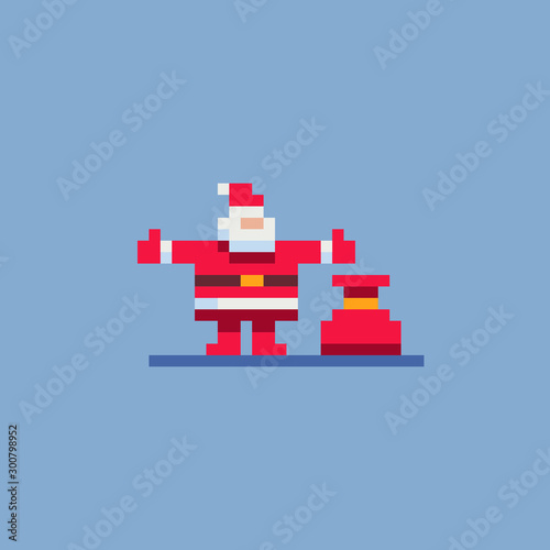 Santa Claus character with gift, bag with presents, for Christmas cards, banners, tags and labels. happy New Year. Pixel art style. isolated vector illustration.