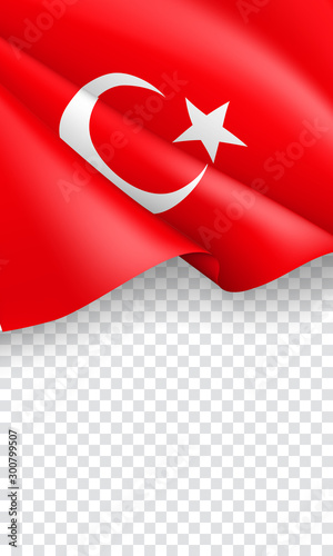 Turkey patriotic vertical web banner with 3d flag. Realistic fluttering turkish flag on transparent background. Turkey national day vector card with empty space. Official holiday celebration.