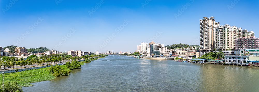 Panorama of Pearl River Taiping Waterway and City Scenery in Humen Town, Dongguan City, Guangdong Province, China