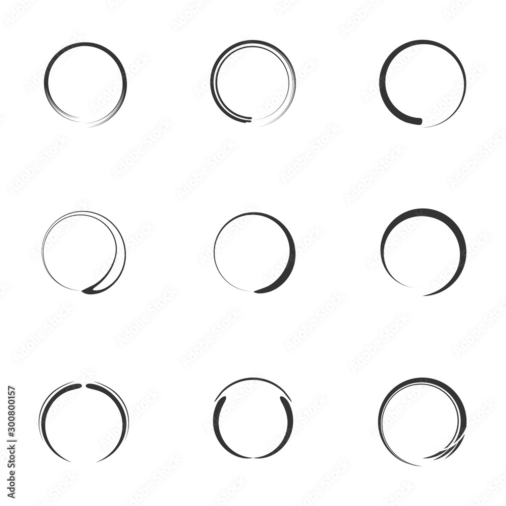 Set of round shapes icon. Black white circle brush stroke with different spiral element flat style, vector illustration