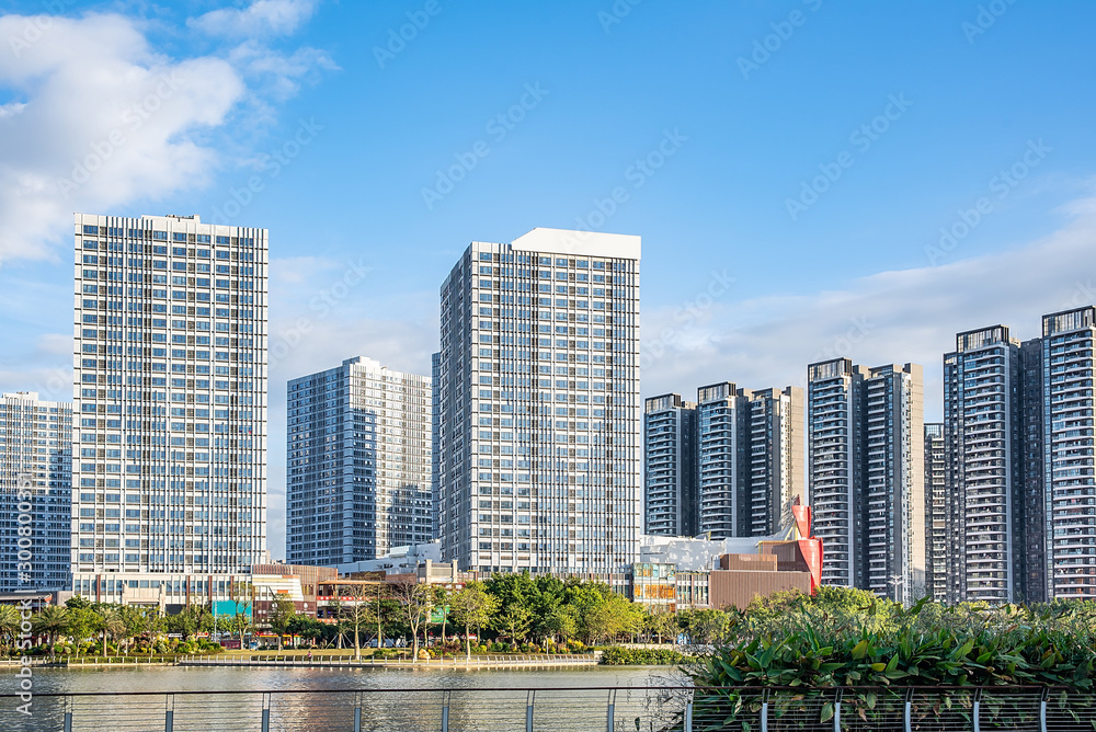 Skyline of the commercial center of Jiaomen River in Nansha District, Guangzhou, China
