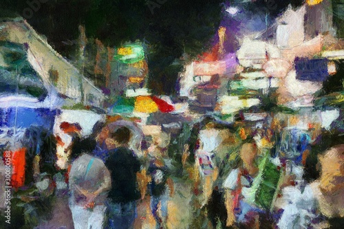 Khao San Road in Bangkok Illustrations creates an impressionist style of painting.