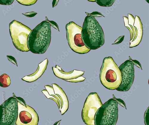 Seamless exotic vector pattern with sliced ​​avocado on a fashionable background. Seamless pattern of ripe avocados with seeds. Healthy eating Print, clothes, blankets, banner and more.