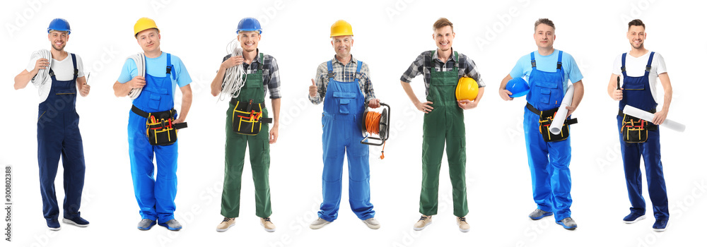 Different male electricians on white background - obrazy, fototapety, plakaty 