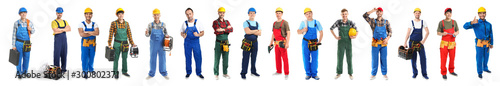 Different male electricians on white background