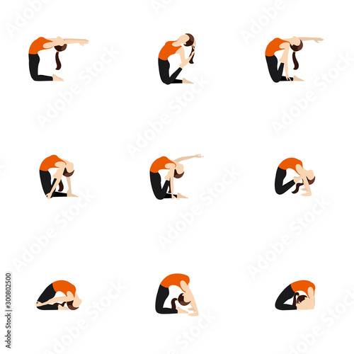 Camel pose advanced variations yoga asanas set/ Illustration stylized woman practicing ustrasana variations