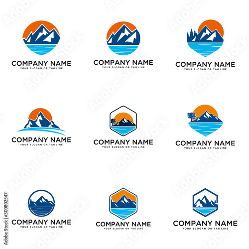 set logo design mountains rivers and sun logo vector template