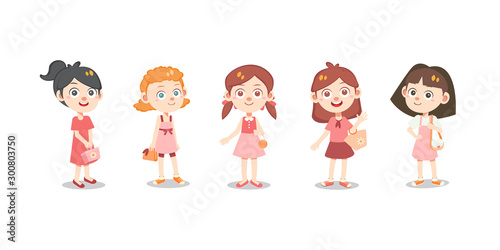 girls kid in pink dress go to shopping vector illustration