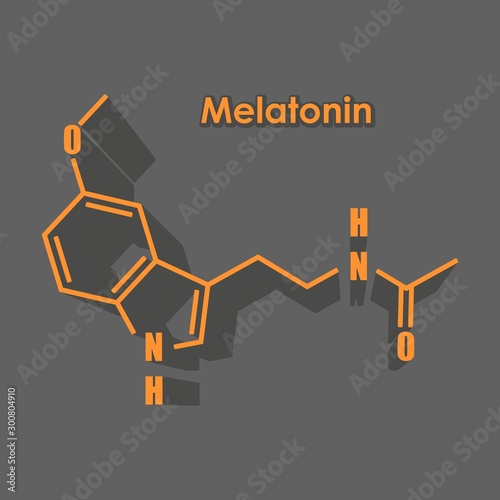 Melatonin hormone chemical molecular formula. In humans, it plays a role in circadian rhythm synchronization. Stylized conventional skeletal formula.