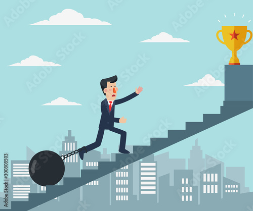 Young businessman chained to metal ball climbing stairs. Burden vector concept illustration