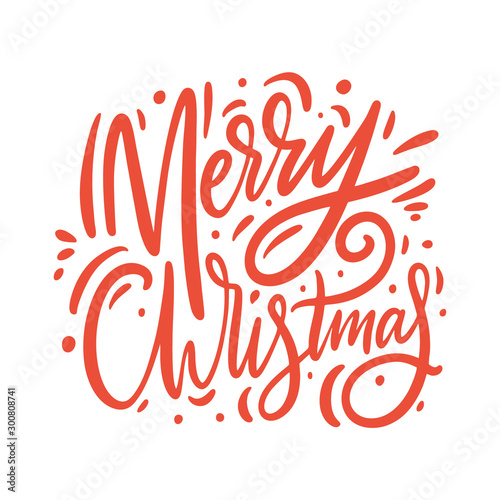 Merry christmas red sign. Hand drawn vector lettering.