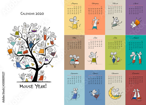Funny mouses party, symbol of 2020 year. Calendar design