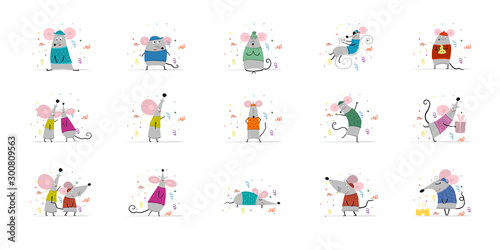 Funny mouses, symbol of 2020 year. Collection for your design