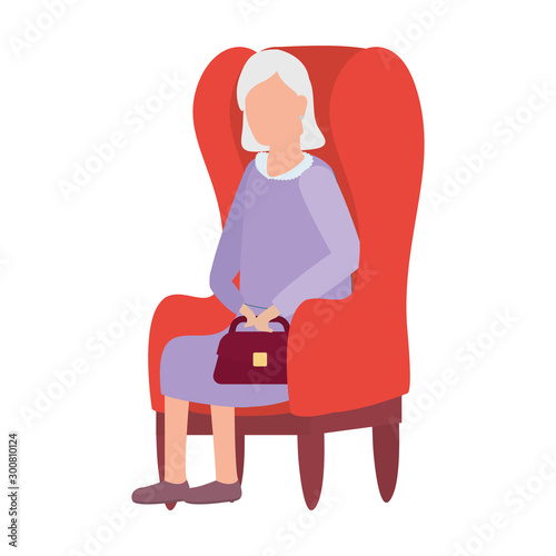 cute old woman seated in sofa comic character