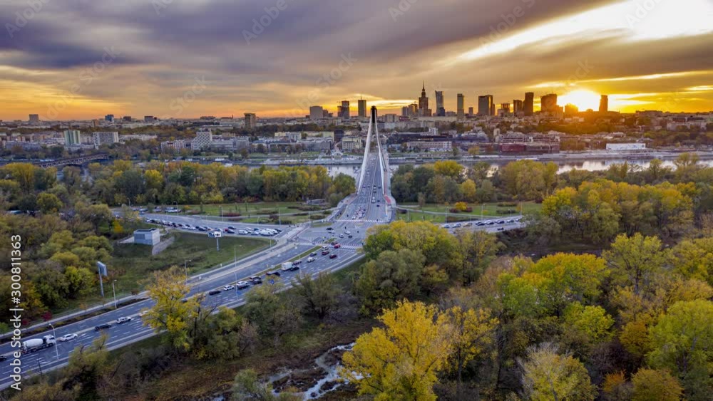 Hyper lapse of the beautiful sunset over the Warsaw city center.