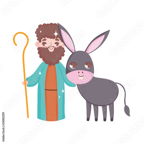 joseph and donkey manger nativity, merry christmas