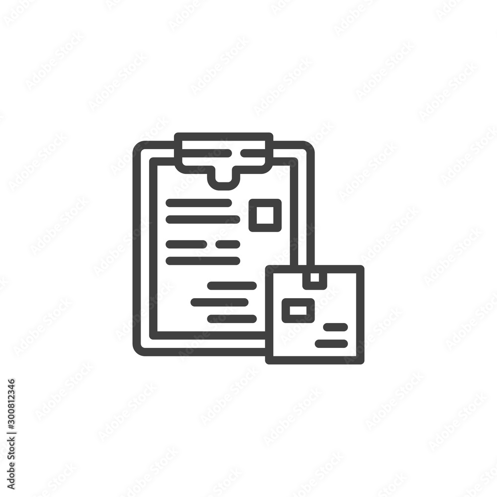 Fast delivery service line icon. Document with parcel box linear style sign for mobile concept and web design. Courier service outline vector icon. Symbol, logo illustration. Vector graphics Fast delivery service line icon. Document with parcel box linear style sign for mobile concept and web design. Courier service outline vector icon. Symbol, logo illustration. Vector graphics