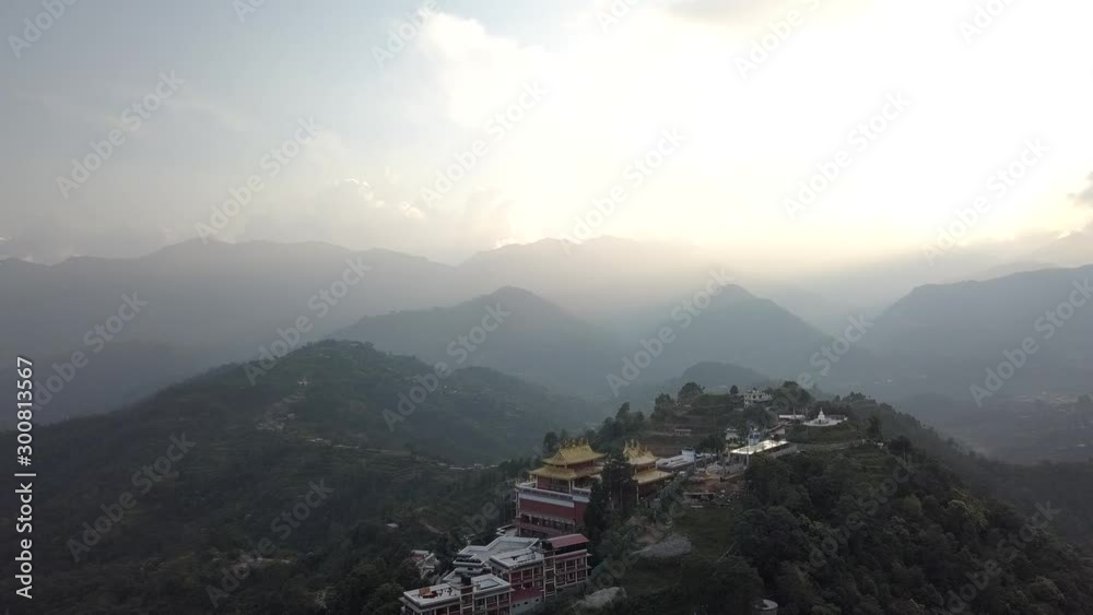 Ancient buddhist monastery in Himalayas Nepal from air