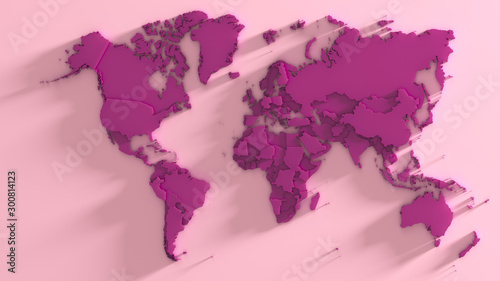 World map. Pink color.  3d rendering