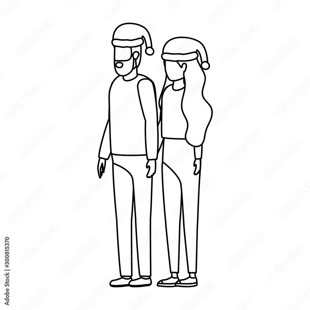young lovers couple with christmas hat characters