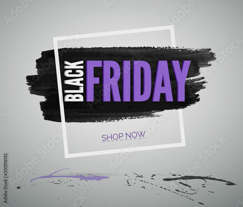 Black Friday sale vector realistic web banner template. Shopping discount advertisement typography in frame. Store special offers creative promotion. Text on black ink smear texture
