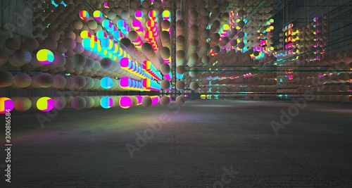 Abstract Smooth Wood and Concrete Futuristic Sci-Fi interior from an array of spheres With Gradient Colored Glowing Neon. 3D illustration and rendering.