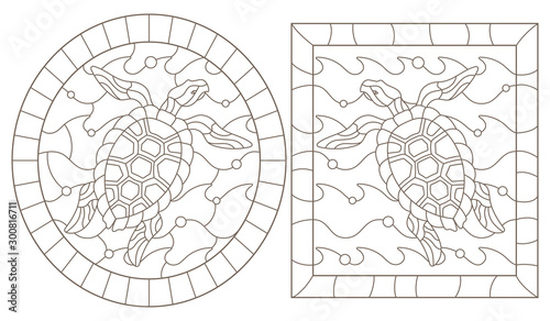 Set of outline illustrations in the style of stained glass with sea turtles into the waves, a dark outline on a white background