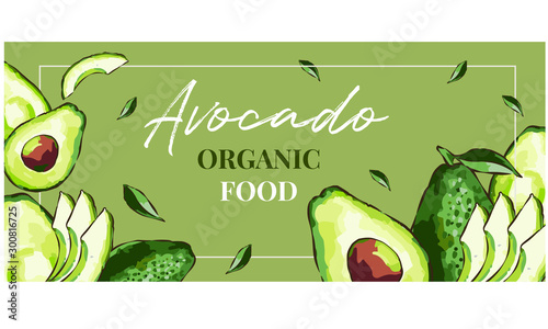 Hand drawn watercolor painting on white background. Vector illustration of avocado fruits sketch elements, eco healthy ingredients vector illustration. Great for poster, banner, voucher, coupon.