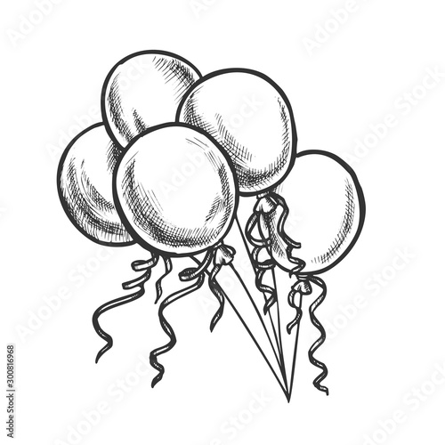 Balloons With Curled Ribbon Monochrome Vector. Helium Festive Balloons Celebrating New Year Party Decorative Room Detail. Engraving Concept Template Hand Drawn In Vintage Style Monochrome Illustration
