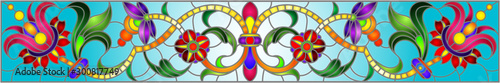 Illustration in stained glass style with abstract  swirls,flowers and leaves  on a blue background,horizontal orientation