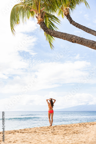 Beach Hawaii Travel landscape background tourist girl enjoying summer holidays walking enjoying Maui vacation. Vertical copy space on sky with palm trees.