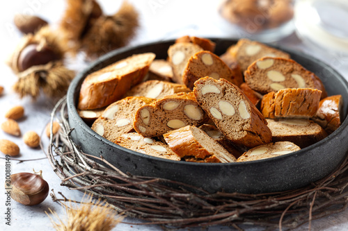 Fotografie Freshly baked homemade biscotti with chestnut flour - Italian almond biscuits ca