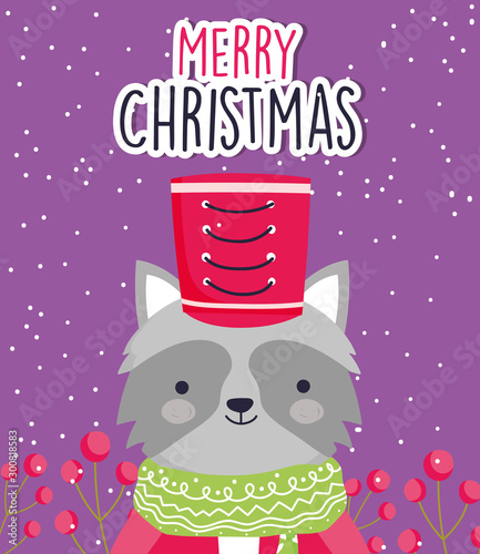 merry christmas celebration cute raccoon with hat and scarf